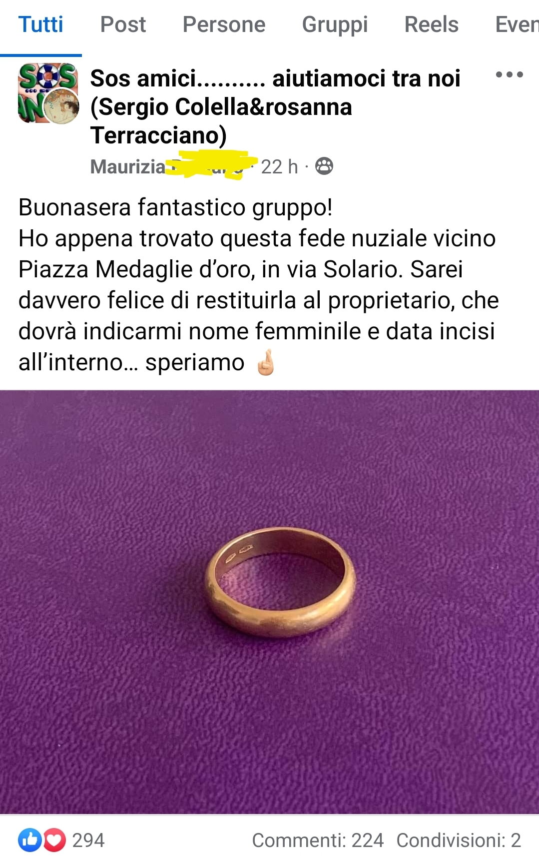 Il post creato su Facebook per la ricerca del proprietario della fede nuziale smarrita al Vomero